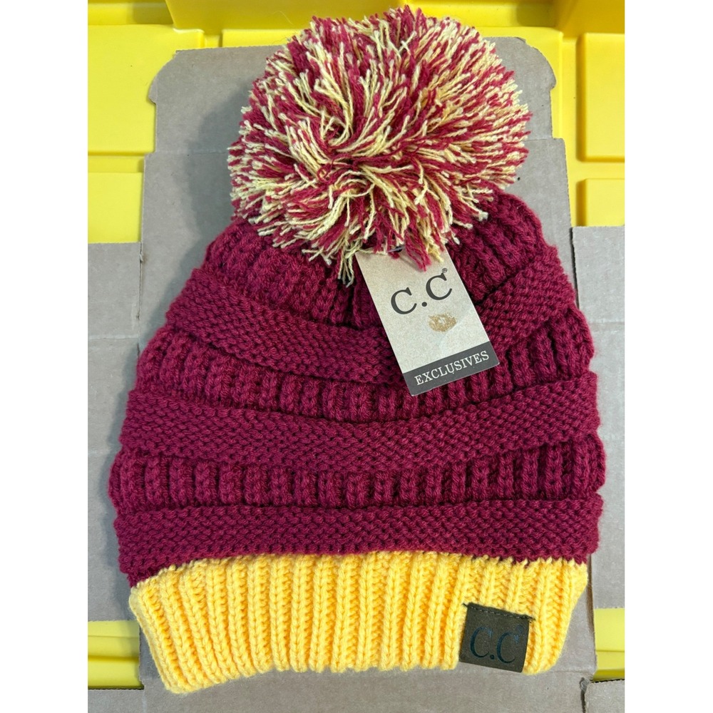 CC Exclusives Beanie Maroon Gold Cable Knit Pom Pom‎ Hat HAT-56 NEW